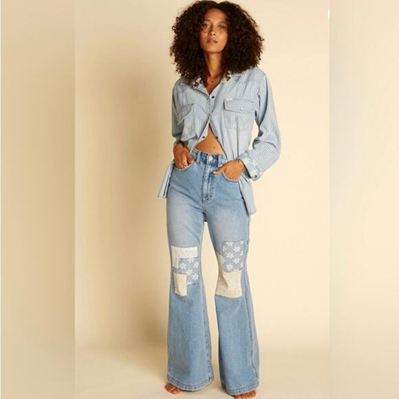 Wrangler Billabong flare bellbottom floral patchwork jeans 70's high rise 27 - Picture 14 of 15